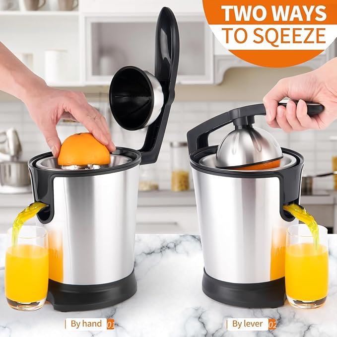 Electric Citrus Juicer, 350W 15000rpm Auto Off Dishwasher Stainless Steel Orange Juicer Ultra Powerful Motor Soft Handle Citrus Squeezer for Oranges, Lemons