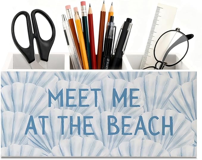 Blue Coastal Beach Seashell Wooden Utensils Holder, Meet Me at The Beach Ocean Beachy Wood Cooking Utensil Holder Organizer for Kitchen Countertop Counter Decor Accessories