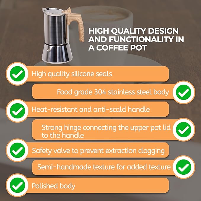 Uncoated 2 Cup Moka Pot 304 Thickened Stainless Steel Coffee Maker Stovetop Espresso Coffeemaker Italian Classic Style Brewing Greca Cafe Mocha Machine for Cafeteras Camping Travel Home 100ml 3.3oz