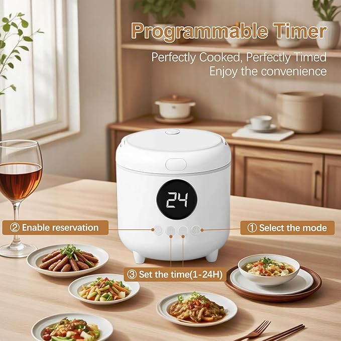 Mini Rice Cooker 2-Cup Uncooked / 4-Cup Cooked, 1.7Qt Portable Small Rice Maker with Auto Keep Warm & 24H Timer Delay for Oatmeal, Quinoa, Soup, Non-Stick Inner Pot Easy to Clean