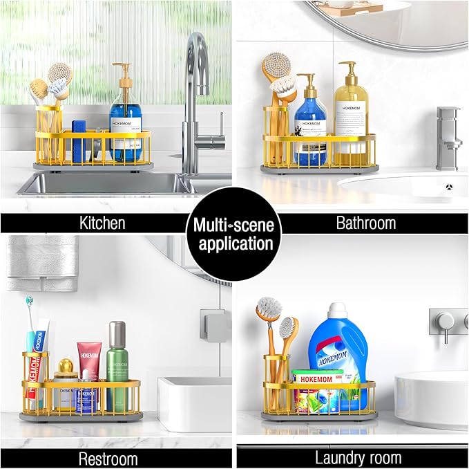 Sponge Holder for Kitchen Sink with High Brush Holder, [Stay-Dry Anywhere & No Drainage Needed] Rustproof Stainless Steel Kitchen Sink Caddy Organizer with Water Absorbing Stone Tray, Gold