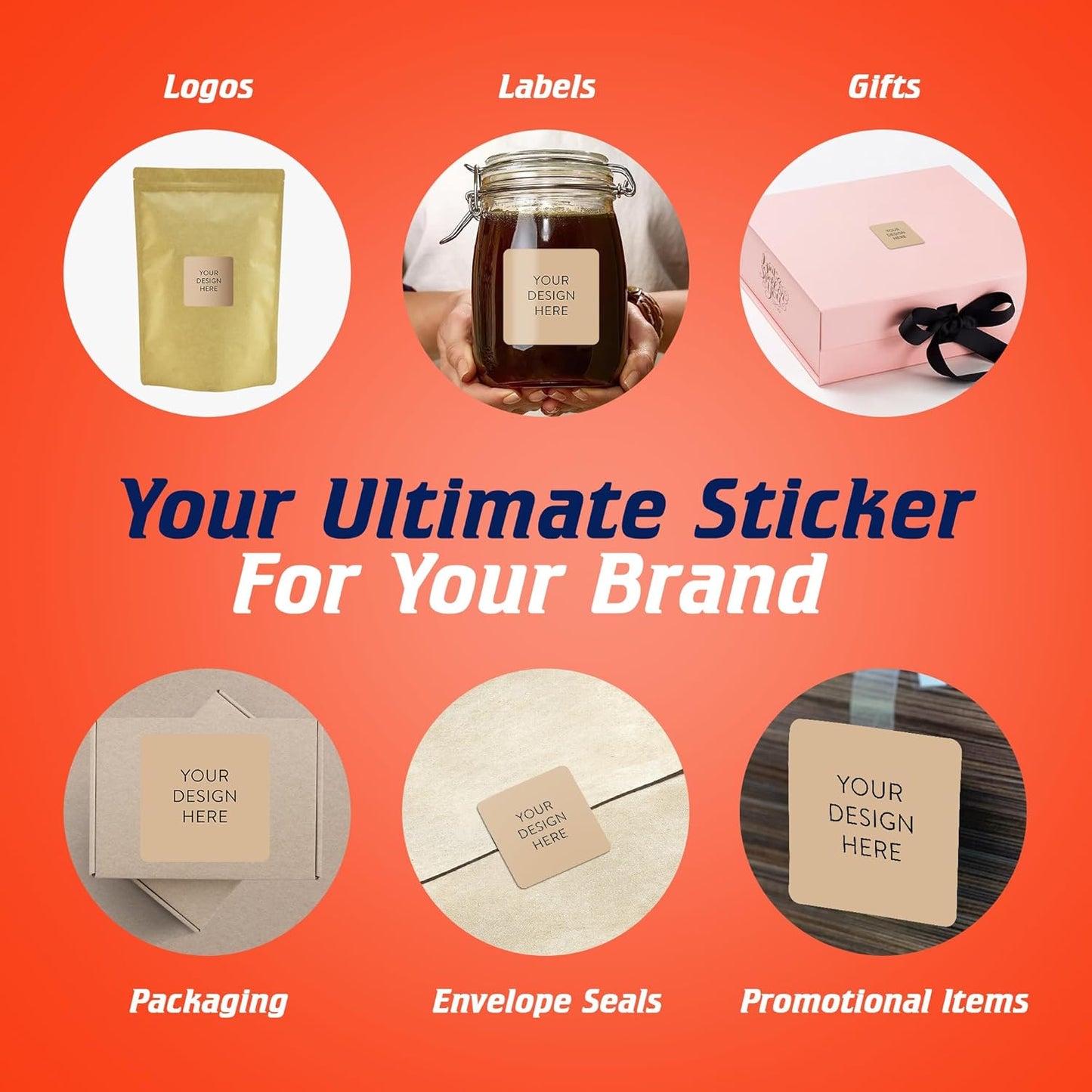 100 Custom Vinyl Stickers - Upload Your own Image, Text, Design, Logo - Personalized Logo Labels for Handmade, Packaging, Bottle, Jars, Candle, Brand Stickers (Brown, 2x2 Square)
