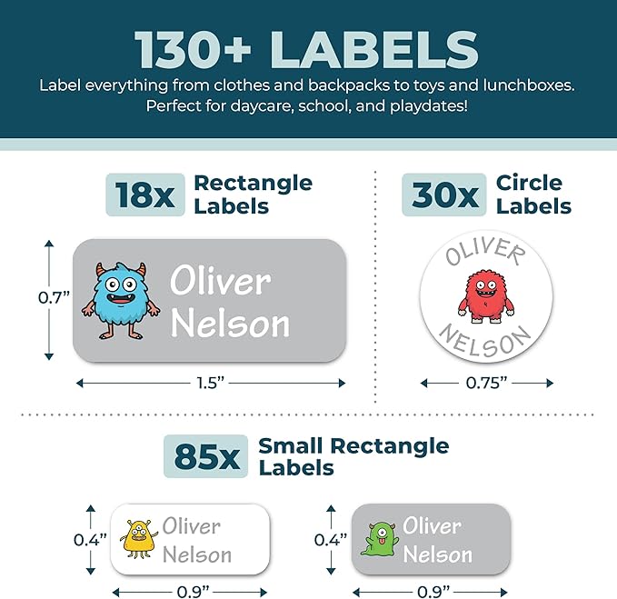 Personalized Daycare Name Labels for Kids (130 Labels) - Custom Waterproof Name Stickers for Clothing Tags, Water Bottles, Lunch Boxes and School Supplies (Monsters)