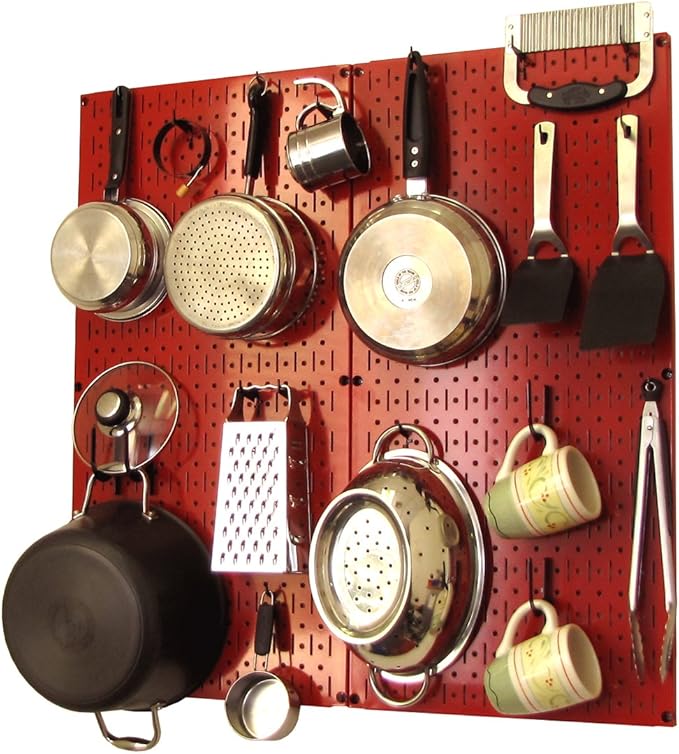 Wall Control Kitchen Pegboard Organizer Pots and Pans Storage Rack Organization Kit with Red Pegboard and Black Accessories