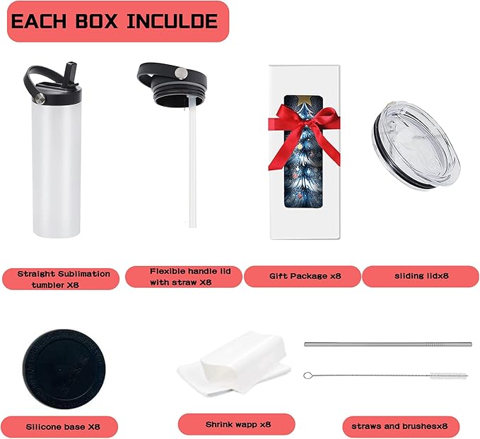 8 Pack 20oz Sublimation Tumblers Bulk, Sublimation Tumbler Blank, Skinny Straight Stainless Steel Blanks Cups with Individual Box(8, HNADLE LID A)