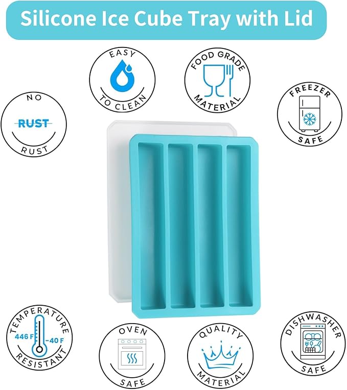 Silicone Ice Cube Trays with Lid for Water Bottles Ice Cube Mold, Easy Release Long Ice Cube Sticks For Bottled Beverage, Soda, Sport Drinks, Burritos Egg (Blue 2 Pack)