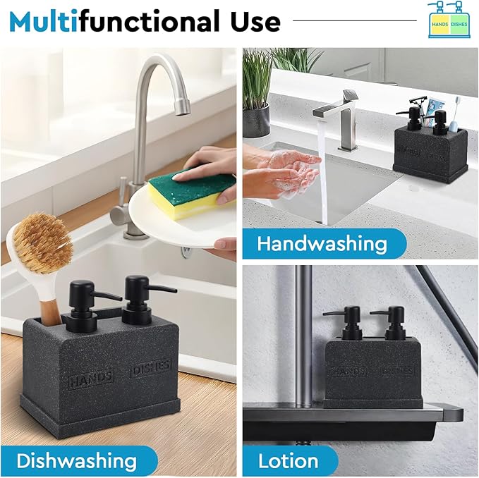 Kitchen Soap Dispenser Set,Hand and Dish Soap Dispenser,Sponge Caddy and Brush Holder 4-in-1 Kitchen Dual Soap Dispenser Set for Kitchen Sink,Bathroom -Black