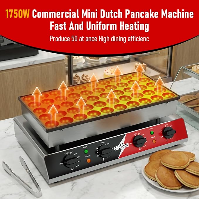 CROSSON Mini Pancake Maker, 50PCS 43mm Diameter Dutch Muffin Waffle Baker, Non-stick Stainless Steel Poffertjes Grill, Commercial Electric Dorayaki Machine W/Temp & Time Control 120V/1750W