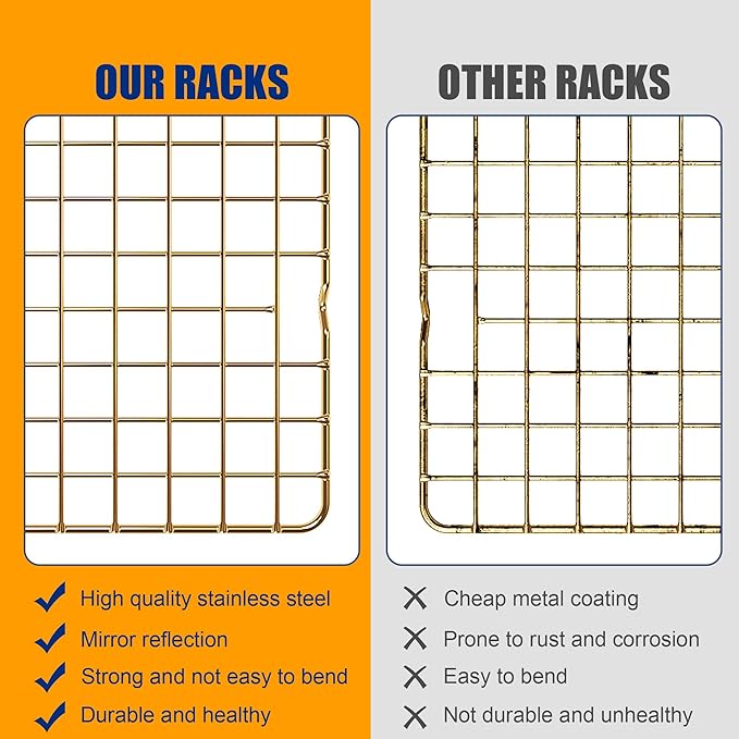 2PCS Cooling Racks for Cooking and Baking - 10" x 16"Heavy Duty Stainless Steel Wire Rack for Baking, Grilling, Roasting - Oven & Dishwasher Safe - Fits Half Sheet Pan（Gold）