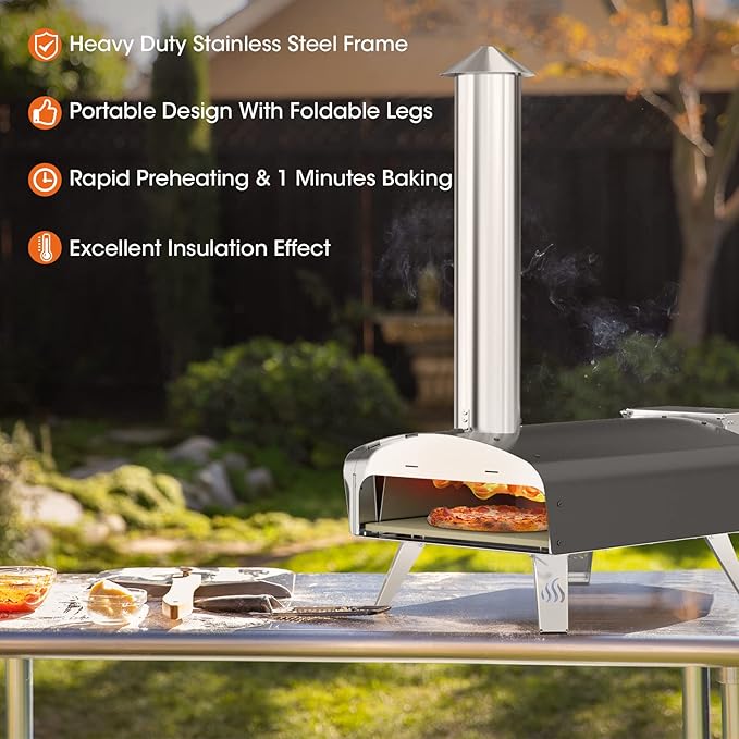Mimiuo 12" Outdoor Wood Pellet Pizza Oven, 34.8 lbs Heavy Duty Stainless Steel Pizza Stove - 60 Second Pizza, Includes 13" Square Stone Foldable Peel & Cover - Portable for Backyard Camping