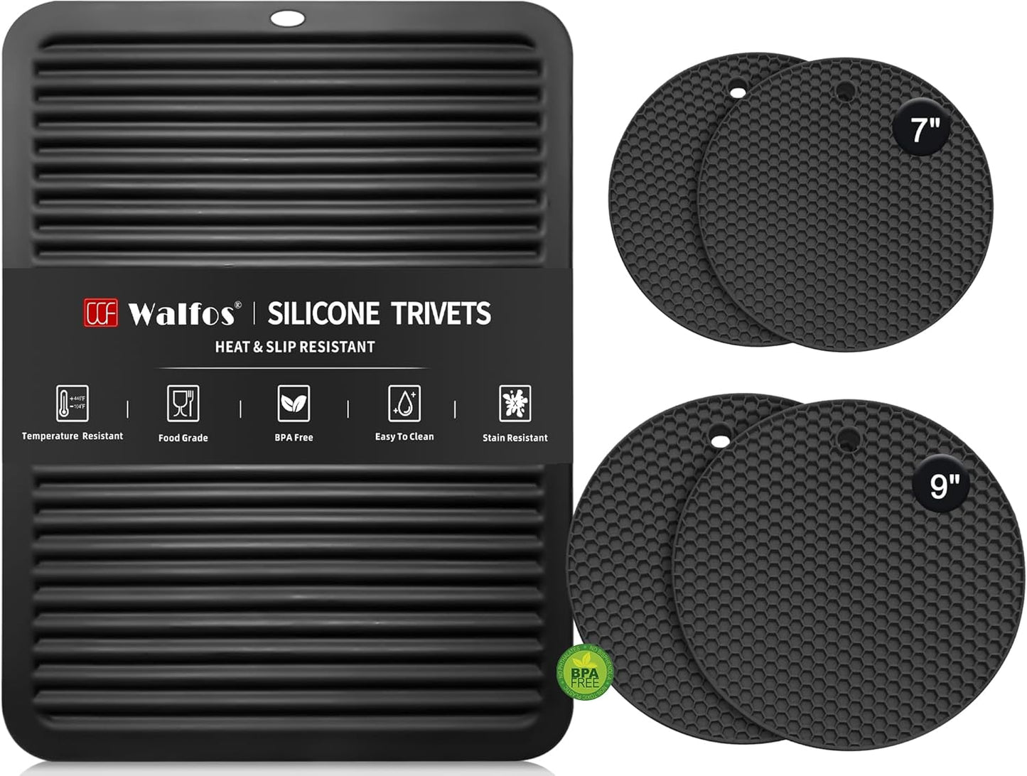Walfos XXL Silicone Trivet 16 Inch and Round Trivets 9 Inch & 7 Inch, Trivets for Hot Pots and Pans, Heat Resistant Pot Holders Hot Pads for Kitchen Quartz Countertops, Hot Dishes, 5 Pack, Black