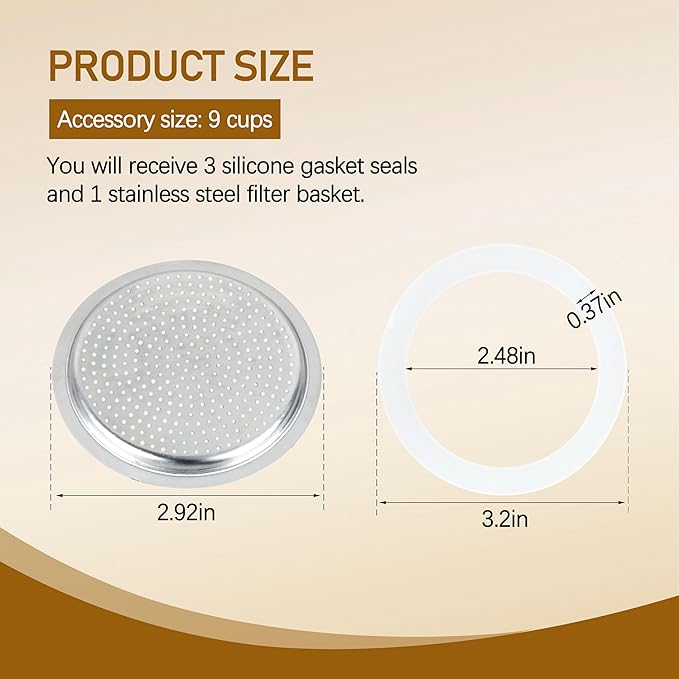 Silicone Sealing Ring AluminumReplacement Filter 9 Cup For Stove Top Espresso Maker Replacement Filler Parts Set Includes 1 Filter and 3 Upgraded Silicone Rings