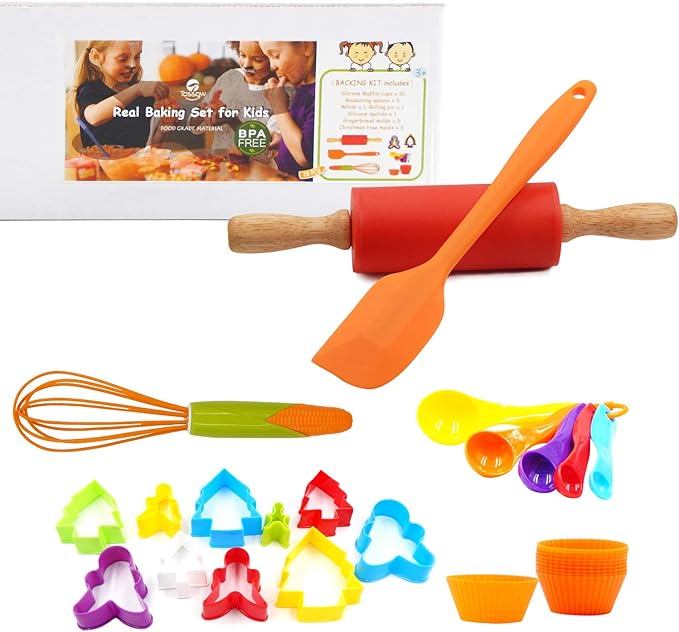 TOSSOW Kids Baking Tools Set Cupcake Pop Maker with Rolling Pin,Muffin cups,Measuring Spoons,Cooking Baking Supplies 28-Piece Kids Baking Kits
