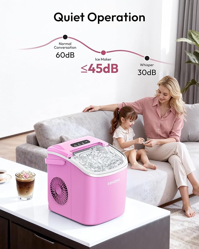 EUHOMY Countertop Ice Maker Machine with Handle, 26lbs in 24Hrs, 9 Ice Cubes Ready in 6 Mins, Auto-Cleaning Portable Ice Maker with Basket and Scoop, for Home/Kitchen/Camping/RV. (Pink)