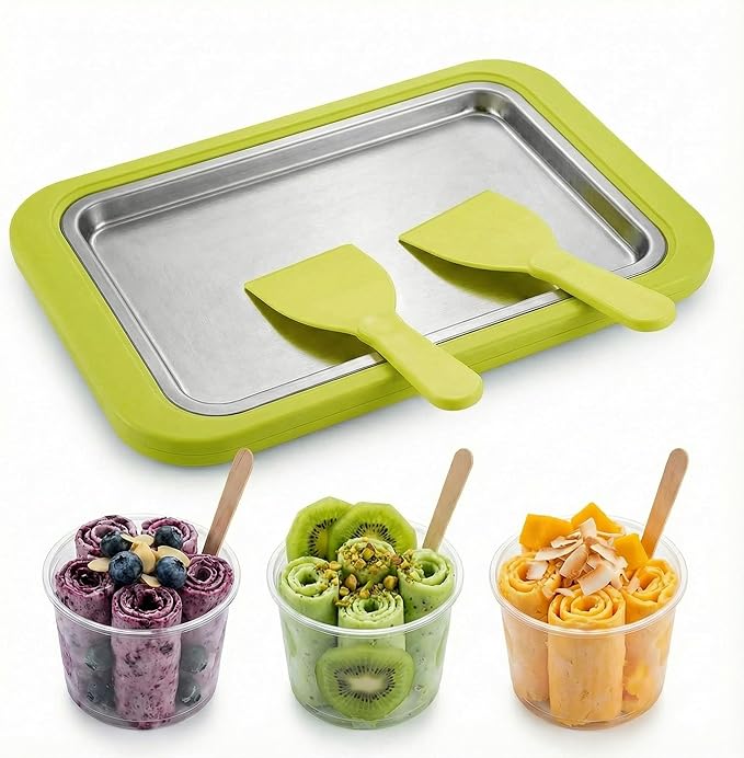 Rolled Ice Cream Maker, Manual Ice Cream Tray for Homemade Frozen Yogurt and Sorbet, Food Grade Ice Cream Roller for Family (Green)
