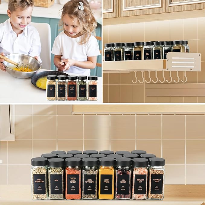 Spice Jars with Label，4oz Glass Spice Bottles With Shaker Lids，Seasoning Containers with Funnel, Chalk Pen for Cabinet，Drawer，Rack (Black, 36)