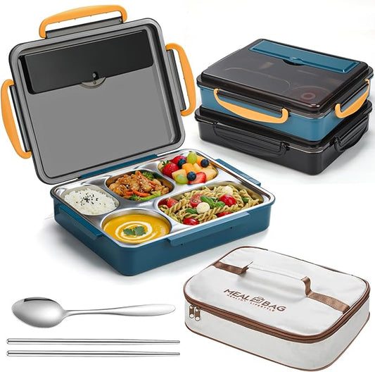 2 Sets Stainless Steel Lunch Bento Box for Adult 2.0 L Leakproof 5 Compartment Metal Bento Box with Bag 8 oz Soup Bowl with Utensils for Office, Travel(Dark Blue, Black)