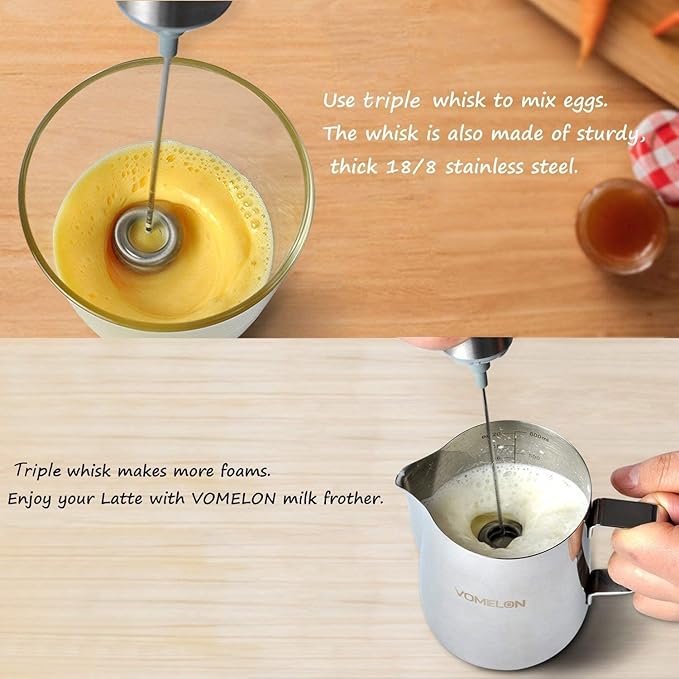 Milk Frother, Handheld Battery Operated Frother for Coffee,Portable Drink Mixer with 2 Stainless Steel Whisk Heads, Milk Foamer for Keto Coffee, Latte, Cappuccino, Hot Chocolate, Silver