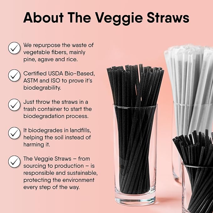 The Veggie Straws – 450 PCS of 4.75 Inches Unwrapped Black Biodegradable Drink Stirrers – Made of Vegetable Fibers, Best Cocktail Stirrers for Drinks of All Kinds