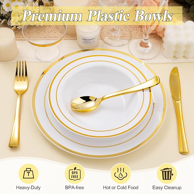 200 Pack Disposable Soup Bowls with Gold Rim, 12oz Premium Heavy Duty Plastic Dinner Bowls for Party, Wedding and Holiday