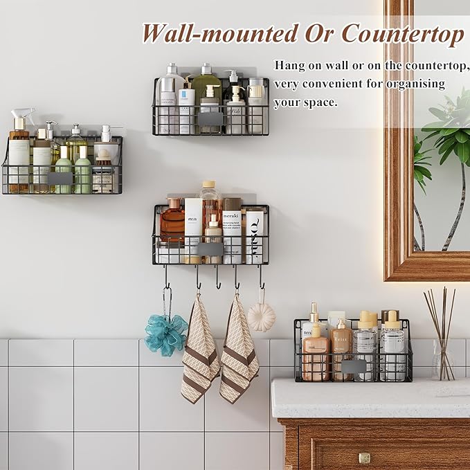 Hanging Wall Wire Basket-4Pack,Large Metal Organizer Baskets & Bathroom Shower Shelf with 4 Adhesive Hooks+5 S Hook, Wall Mounted Baskets & Shelves for Bathroom, Kitchen Storage