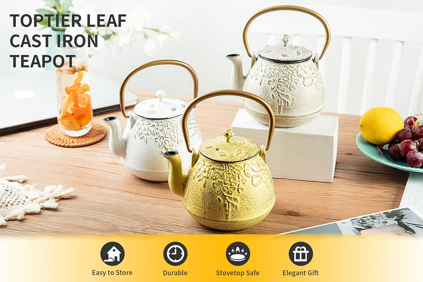 Tea Kettle, TOPTIER Japanese Cast Iron Teapot with Infuser for Loose Leaf and Tea Bags, Stovetop Safe Cast Iron Tea Kettle Coated with Enameled Interior for 40 oz (1200 ml), White
