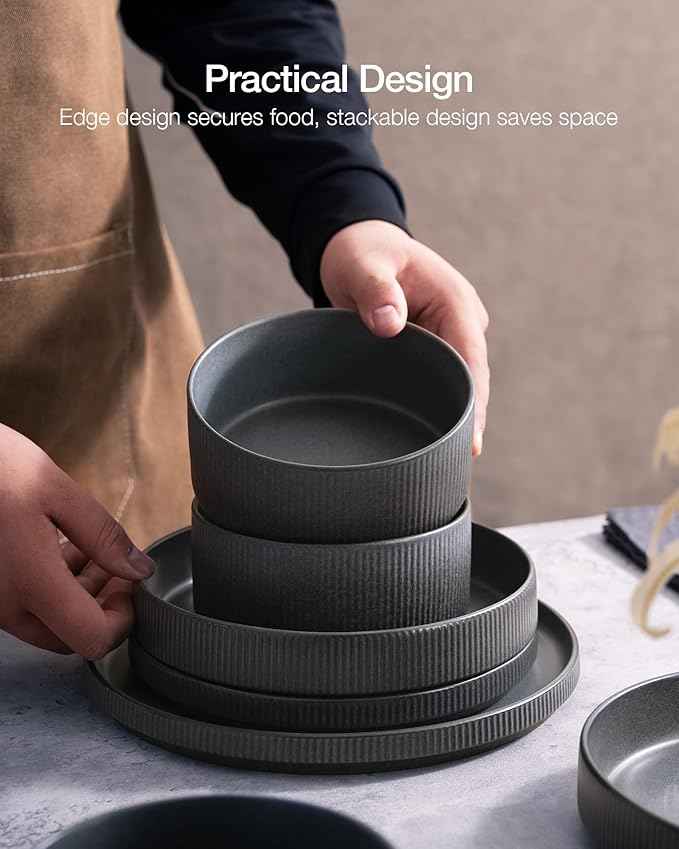 Famiware Star Dinnerware Set with Pasta Bowls, Service for 6 (24 Pieces), Ribbed Stoneware Plates and Double Bowls Sets - Chip & Scratch Resistant, Microwave & Dishwasher Safe, Matte Dark Charcoal
