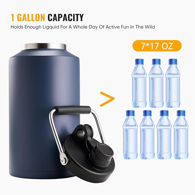 Kerilyn Insulated Gallon Jug with Handle, One Gallon, 128oz Stainless Steel, Large Double Vacuum Water Bottle for Hot & Cold Drinks, Wide Mouth, Sweat Proof, Great for Travel, Camping, Dark Blue
