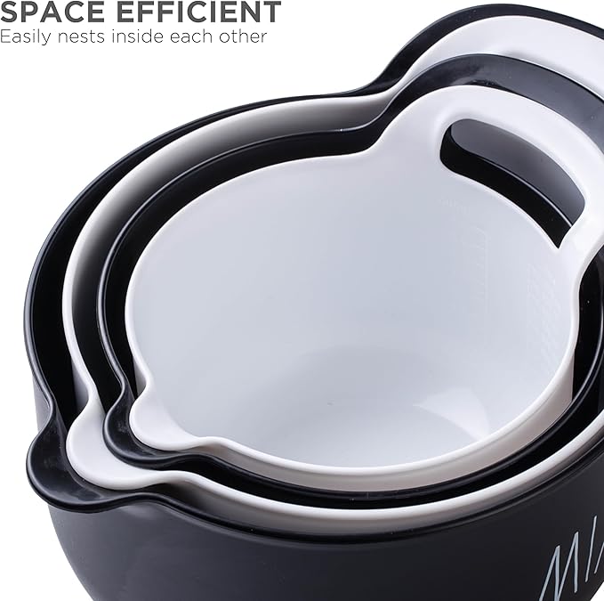Rae Dunn Non-Slip Mixing Bowls - 4 Piece Nesting Plastic Mixing Bowl Set with Pour Spouts and Handles-Measurement Markings (Black)