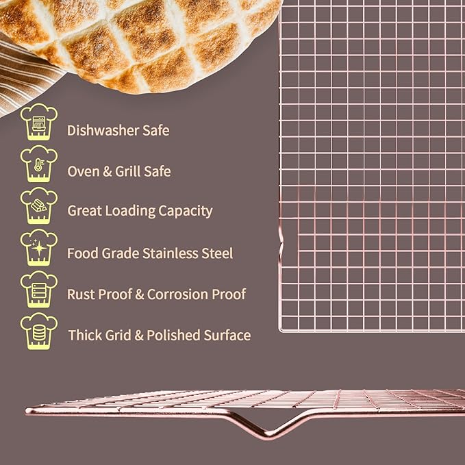BRIOUT Cooling Rack for Baking, 16x10 Inches Baking Rack, Thick Wire Cookie Rack for Cooking, Roasting, Grilling, Drying, Oven Safe, Fits Half Sheet Pan, Rose Gold