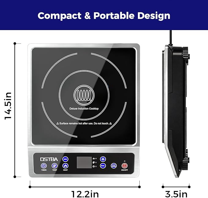 OSTBA 1800W Portable Induction Cooktop, Large Heating Coil Countertop Induction Burner, 10 Power Levels & 120–460°F Temperature Control, 3H Timer, Keep Warm, ETL Certified
