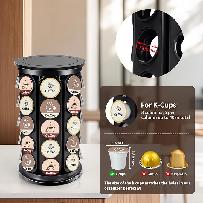K Cup Holder, Coffee Pod Storage Carousel Holder Organizer Compatible with 40 Keurig Kcup Pods, New Modern Design for Home or Office Kitchen Counter Organizer (Black)