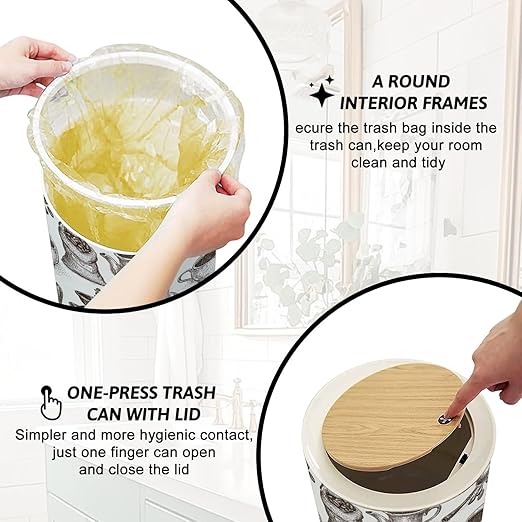 Trash Can with Lid Vintage Coffee Equipment Hand Drawn Seamless Press Top Round Small Garbage Bin with Wooden Legs Waste Basket for Kitchen Bedroom Nursery 7L/1.8 Gallon
