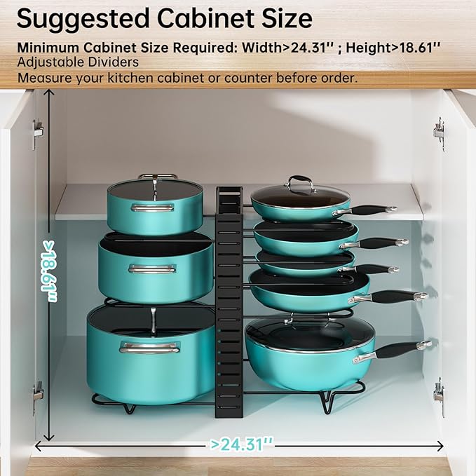 MUDEELA Pots and Pans Organizer Rack under Cabinet 16.61 Height, 8 Tiers Adjustable Pot Pan Rack with 3 DIY Methods, Pot Lid holder for Kitchen Cabinet Organizers and Storage