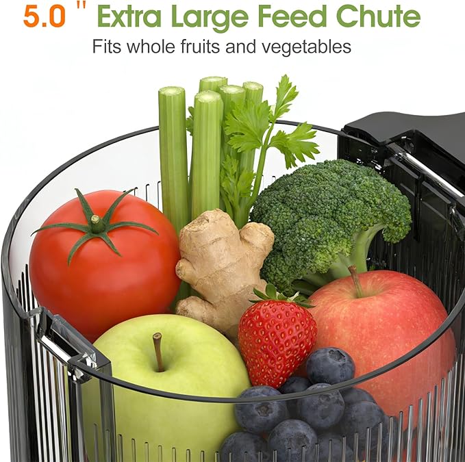 Cold Press Juicer,Stainless Steel Material,Juicer Machines with 5.0Inch Wide Feed Chute,Slow Masticating Juicer for Vegetables and Fruits with High Juice Yield,Large Auger,Easy to Clean