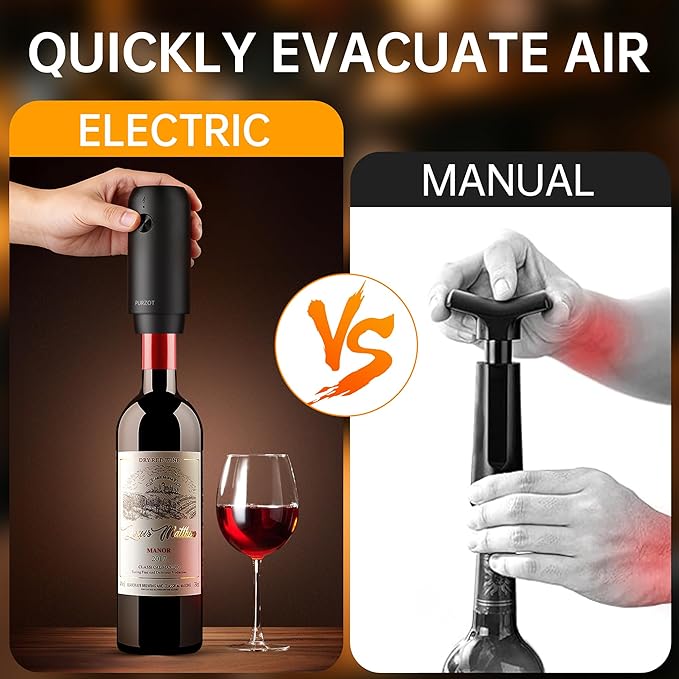 Rechargeable Electric Vacuum Wine Sealer Pump, One-Touch Automatic Air Remover, Cordless Type-C Charging Preservation Tool with Reusable Stopper for Home Bar Kitchen Party