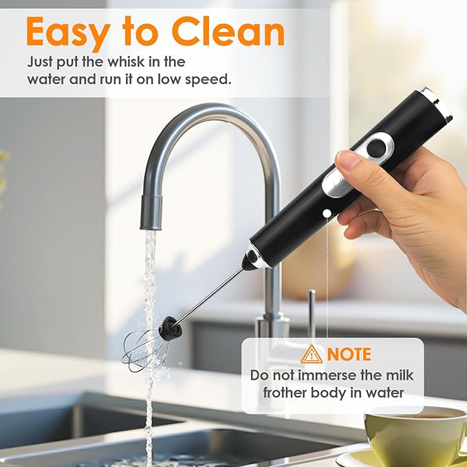 Milk Frother Handheld, Rechargeable Coffee Frother Wand with 2 Stainless Whisks 3 Speeds, Drink Mixer, Electric Foam Maker, Hand Mixer for Lattes, Cappuccino, Matcha, Egg, Black