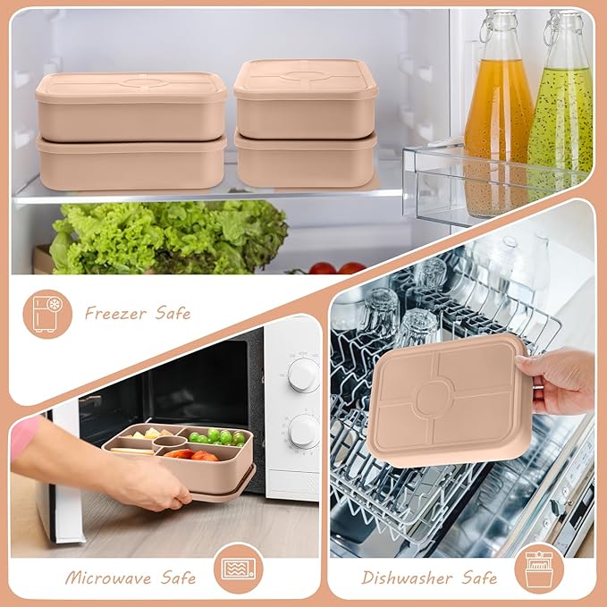 Jingmore 4 Pack Silicone Bento Boxes for Adults, 5 Compartment Reusable Lunch Containers with Sauce Section, Leakproof Meal Prep Snack Box Microwave & Dishwasher Safe for Office(Khaki)