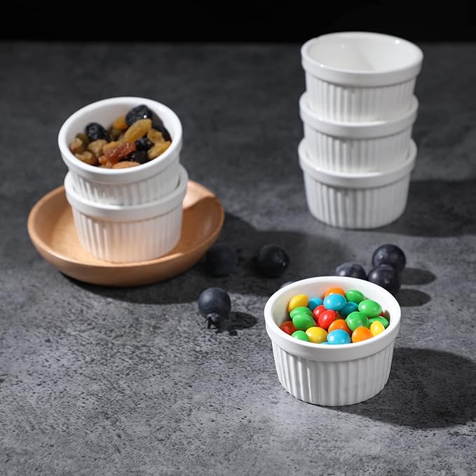 2.5 oz Ramekins 6 pcs Porcelain Ramekins Dishes for Souffle,Creme Brulee, Pudding, Custard Cups,Bakeware Bowls Set for Baking,Oven Safe, White 2.5 inch