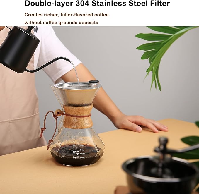 Lalord Pour Over Coffee Maker with Reusable Stainless Steel Filter, 27 oz Borosilicate Glass Coffee Carafe, Wooden Collar, Coffee Maker Carafe, Hold 4-6 Cups, 800 ml, Clear