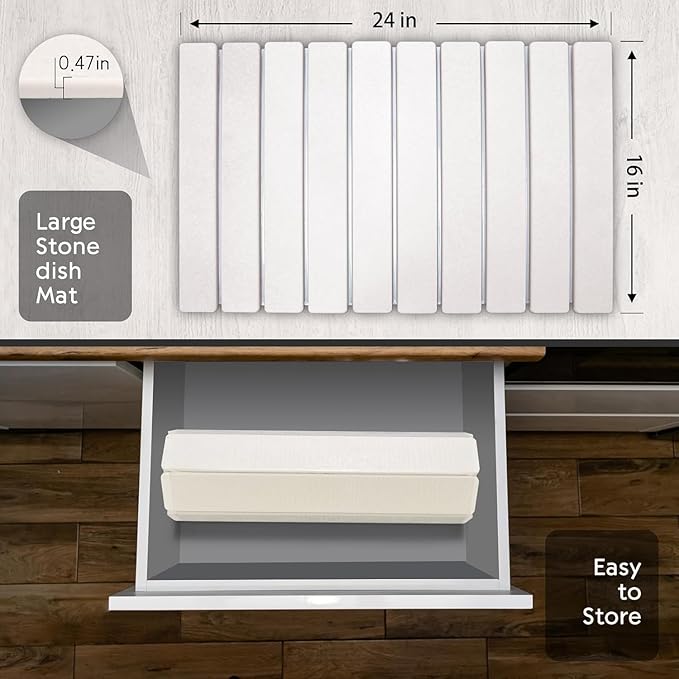 Large Stone Dish Drying Mats for Kitchen Counter, 24"(L)×16"(W), Quick Drying Collapsible Dish Drying Mats, Eco-Friendly Absorbent Diatomaceous Earth Mats for Dishes Bottles Cups, Match Any Countertop