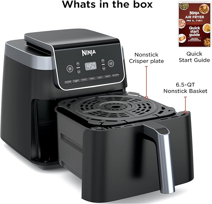 Ninja | Air Fryer Pro XL | 6.5QT Capacity fits up to 9lbs of Wings| 7-in-1 Max Crisp, Broil, Air Fry, Roast, Bake, Reheat & Dehydrate | Dishwasher Safe Parts | Space Saving | Grey | AF182AMZ