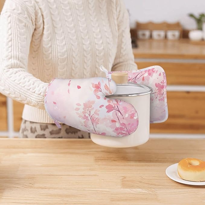 Oven Mitts and Pot Holders Cherry Blossom Flower Japanese Art Silicone Kitchen Accessories Set of 4 Heat Resistant Long Gloves Potholder Non-Slip Grip for Chef Cooking Baking Grilling BBQ
