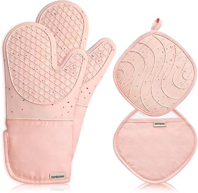 Pink Oven Mits, Heat Resistant, Non-Slip Grip Pattern, Baking Gloves for Oven, Kitchen Pot Holders,1 Pair