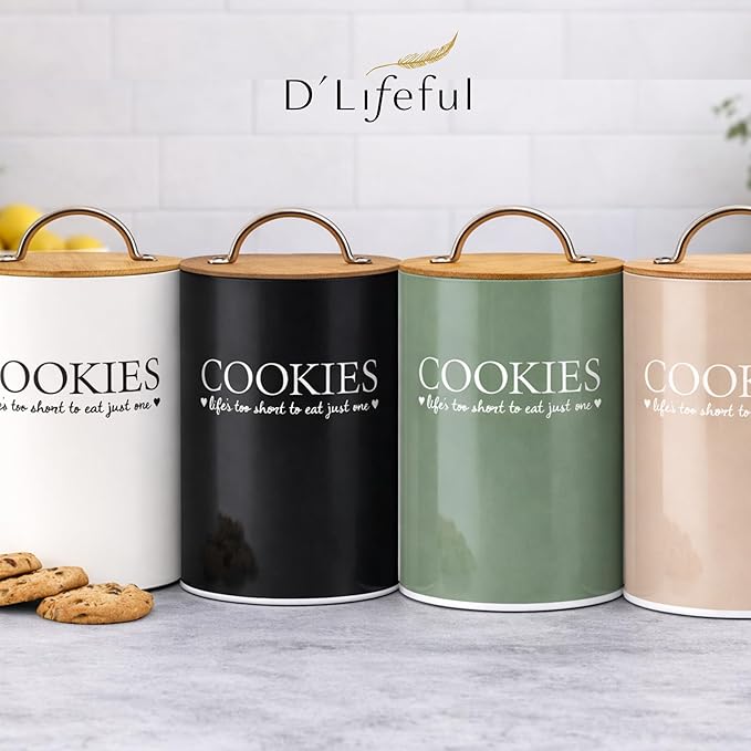 D'Lifeful Cookie Jar with Airtight Bamboo Lid – 1.1 Gallon Cute and Decorative Cookie Storage for Kitchen Countertop – Farmhouse Storage Tin for Freshness – Great Gift Idea (Off White)
