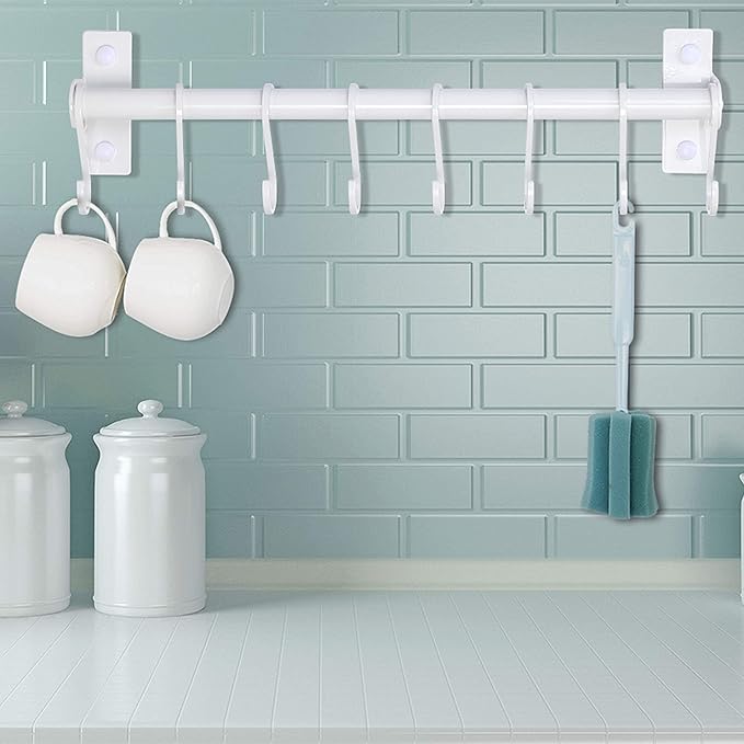 Dseap Kitchen Utensil Holder Hanger, Pot and Pan Rack Wall Mounted, Kitchen Rail with 8 Hooks for Hanging Cooking Utensils, Mugs, Spoons, Wall Mounted, White, Pack of 2