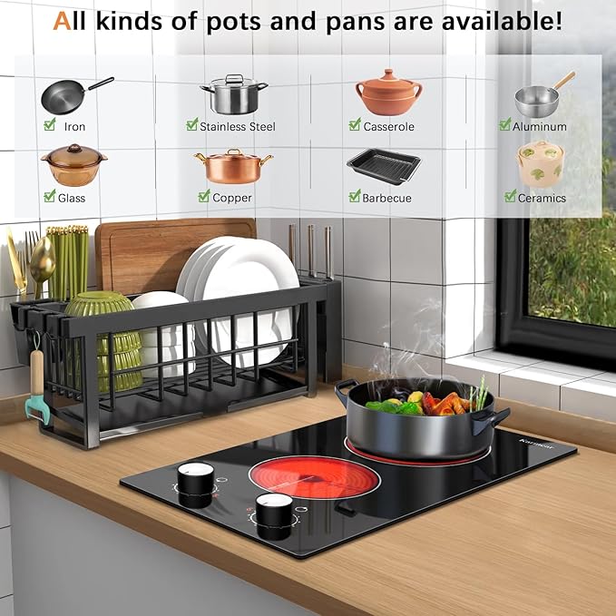 Karinear 110V Electric Cooktop 2 Burners Electric Stove 12 Inch Knob Control Countertop & Built-in Ceramic Cooktop, 9 Heating Level, Hot Warning, Over-Temperature Protection(White Knob)