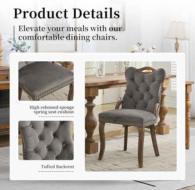 Grey Velvet Dining Chairs Set of 6，Modern Upholstered Dining Room Chairs with Tufted Back and Wood Accents, Curved Solid Wood Legs & Nailhead Trim, Sillas De Comedor Modernas 6
