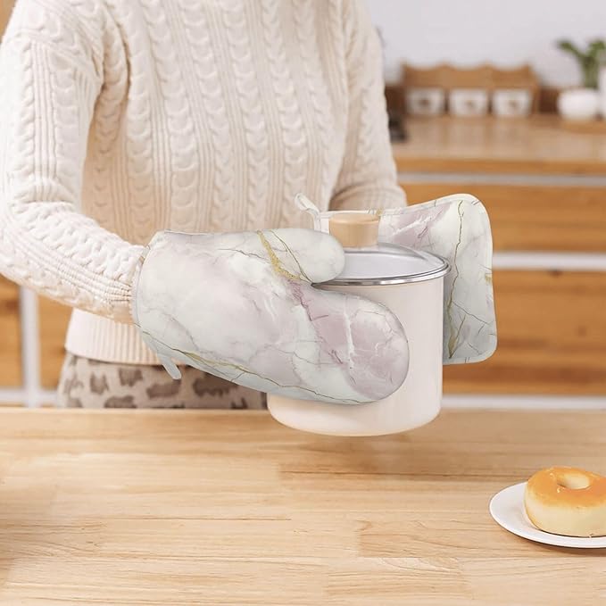 Oven Mitts and Pot Holders Light Pink White Marble Silicone Kitchen Accessories Set of 4 Heat Resistant Long Gloves Potholder Non-Slip Grip for Chef Cooking Baking Grilling BBQ