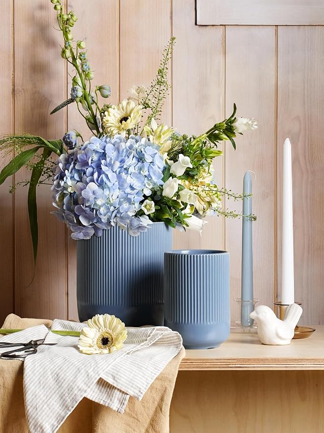 LE TAUCI Utensil Holder for Kitchen Counter, 7.3"+5.4" Fluted Ceramic Utensil Crock Organizer for Countertop, Heavy Large Holder for Spatulas, Spoons, Set of 2, Dusty Blue